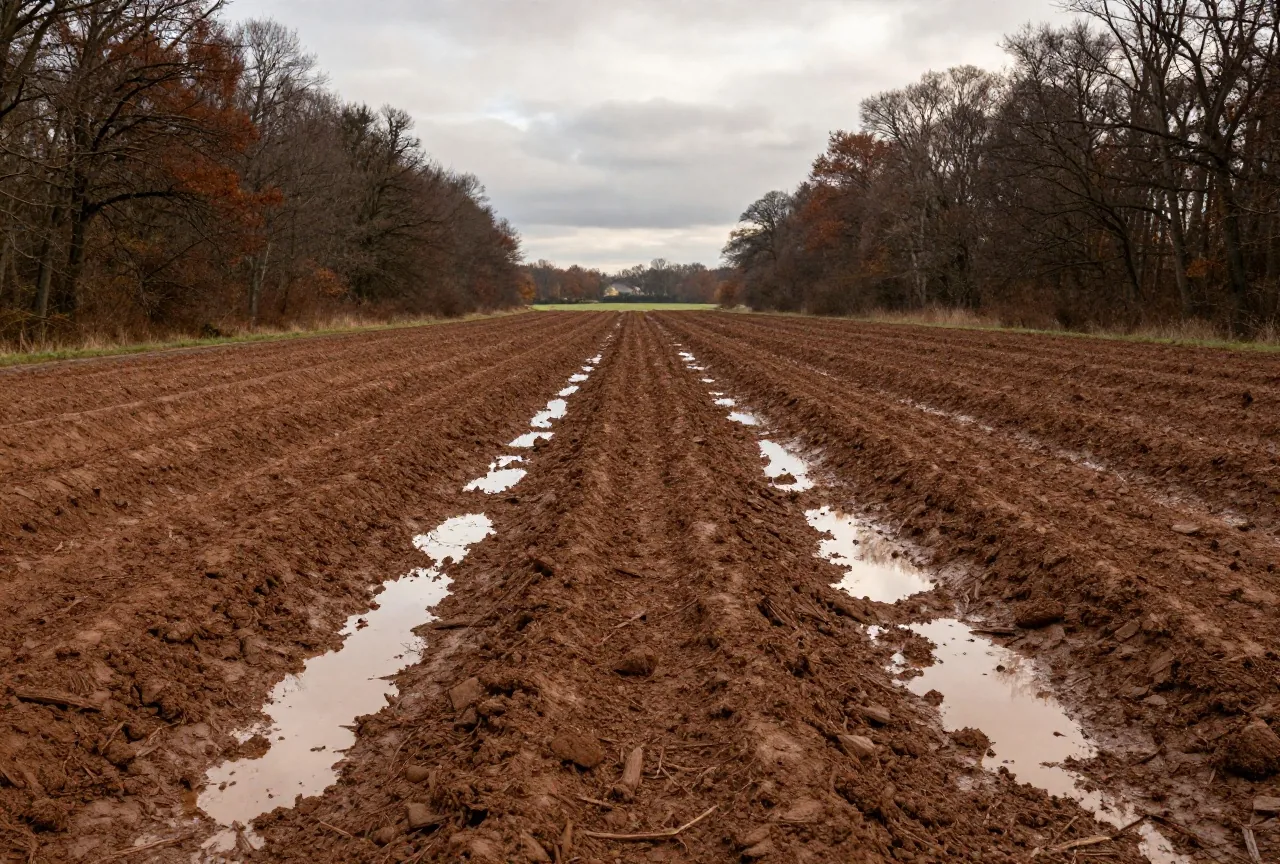 Ein frisch gepflügtes schlammiges Feld zwischen zwei Waldstreifen an einem grauen Herbstmorgen
