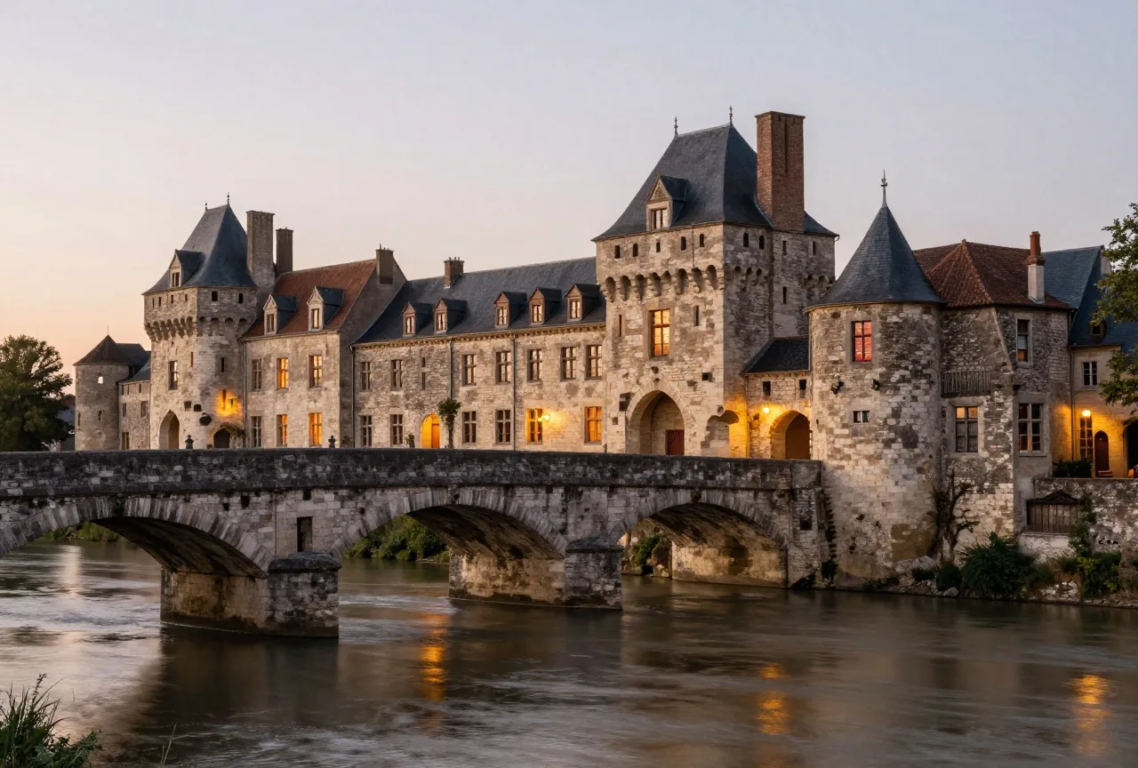 Alte Steinbrücke und mittelalterliche Stadtmauern einer Stadt an der Loire in der Abenddämmerung