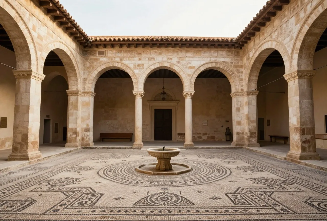 Ein frühmittelalterlicher Palasthof mit Steinarkaden, geometrischem Mosaikboden und kleinem Brunnen im Nachmittagslicht