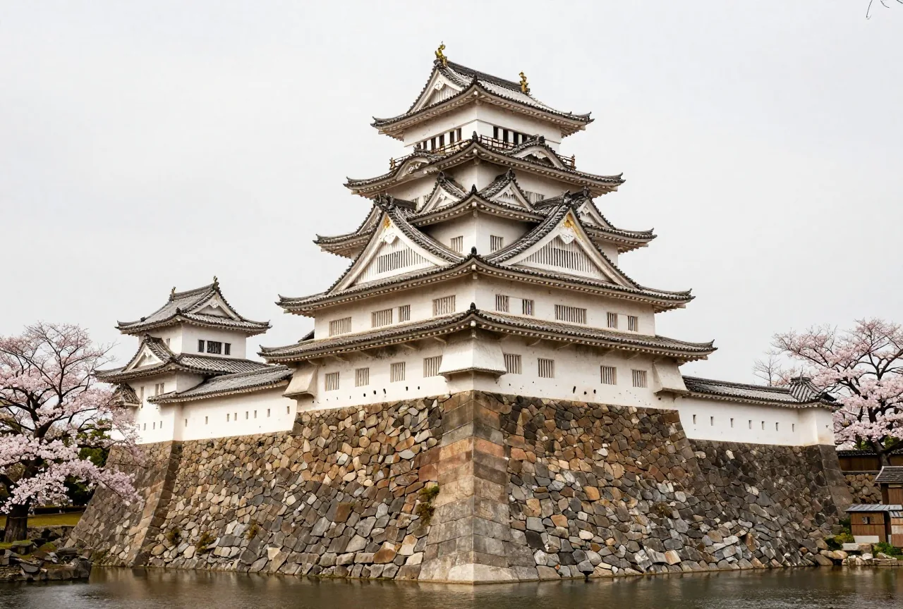 Ein hoher japanischer Burgturm mit weißen Mauern auf mächtigem Steinsockel, umgeben von blühenden Kirschbäumen
