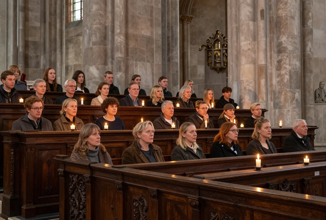 Das Chorgestühl einer dämmrigen Abteikirche im Kerzenlicht vor Sonnenaufgang mit dunklen Holzsitzen