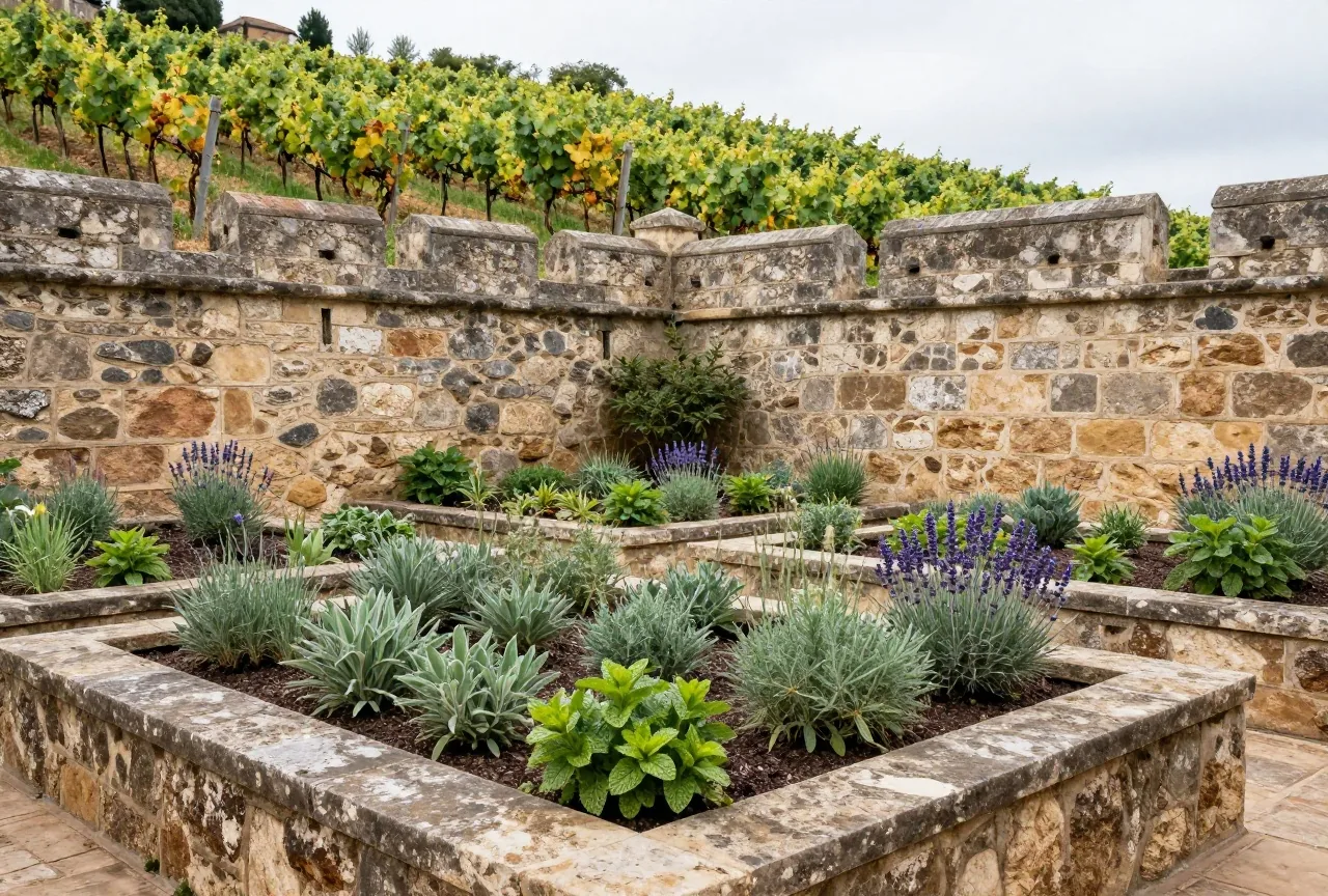 Ein mittelalterlicher Kräutergarten mit Beeten aus Salbei, Lavendel und Minze vor alten Mauern und Weinbergen