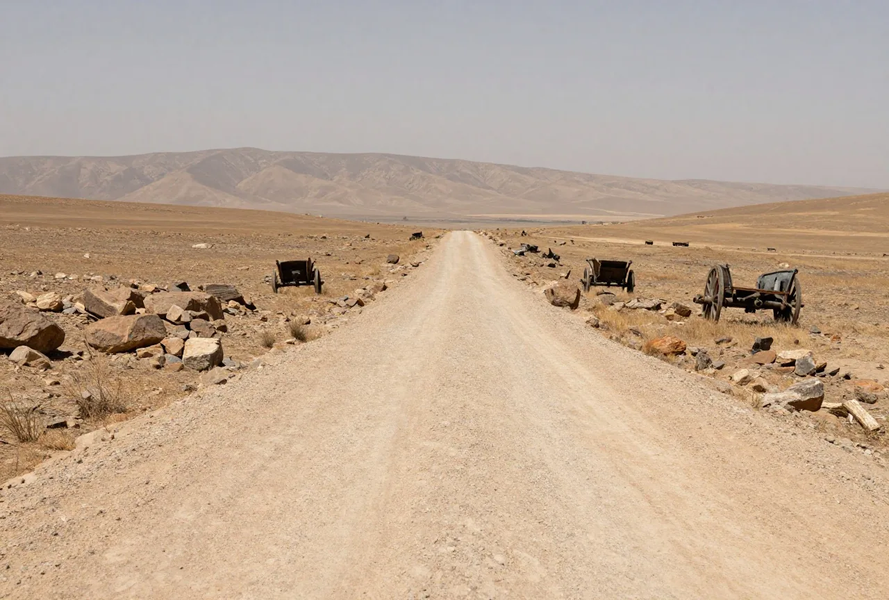 Eine staubige Straße über ein trockenes, felsiges Hochland in Anatolien mit fernen Bergen unter dunstigem Himmel