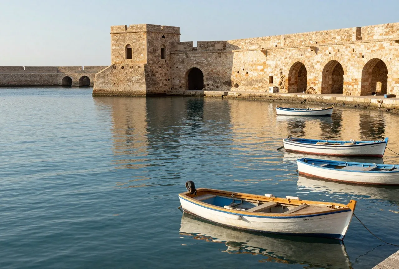 Ein alter Mittelmeerhafen mit steinernen Mauern und Bögen, ruhigem türkisem Wasser und kleinen Holzbooten