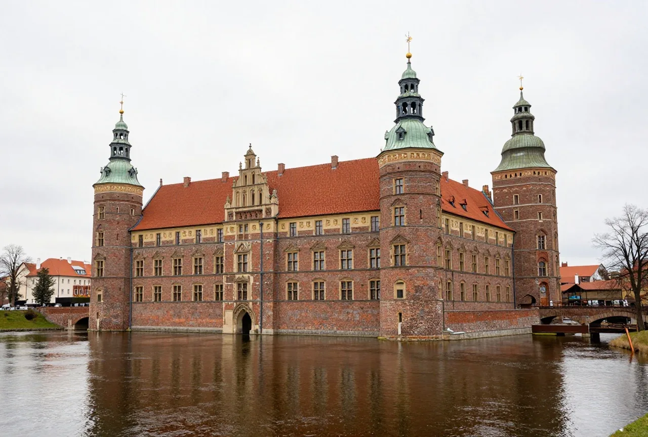 Eine große gotische Backsteinburg an einem breiten Fluss in Nordpolen mit Spiegelung im Wasser