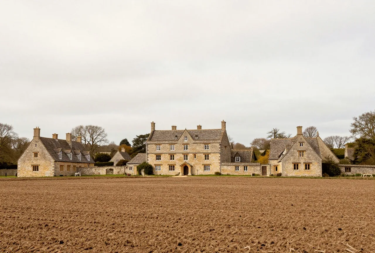 Einfache Bauernhöfe um ein größeres steinernes Herrenhaus in einer Landschaft mit gepflügten Ackerstreifen