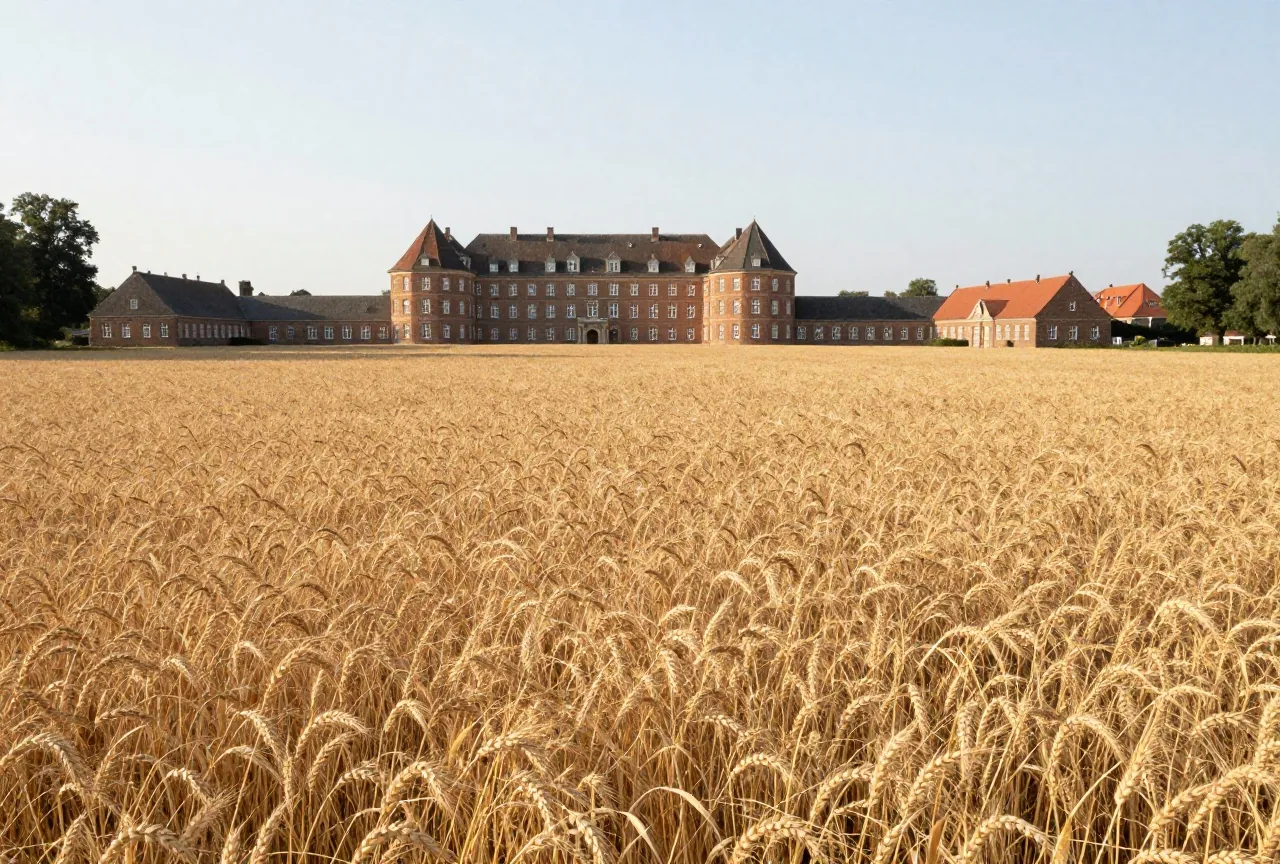 Ein weites Roggenfeld in Ostdeutschland mit einem langen Backstein-Gutshof in der Ferne im Abendlicht