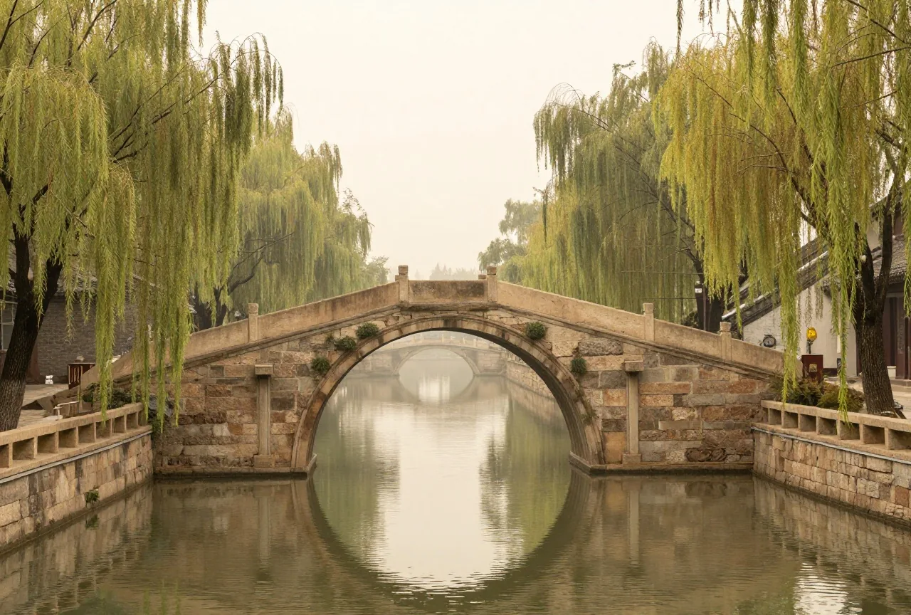 Ein alter chinesischer Kanal mit steinerner Bogenbrücke und Weiden am Ufer im Morgennebel