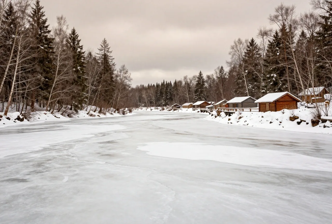 Ein zugefrorener breiter Fluss in verschneiter Waldlandschaft, am anderen Ufer Holzhütten unter grauem Himmel