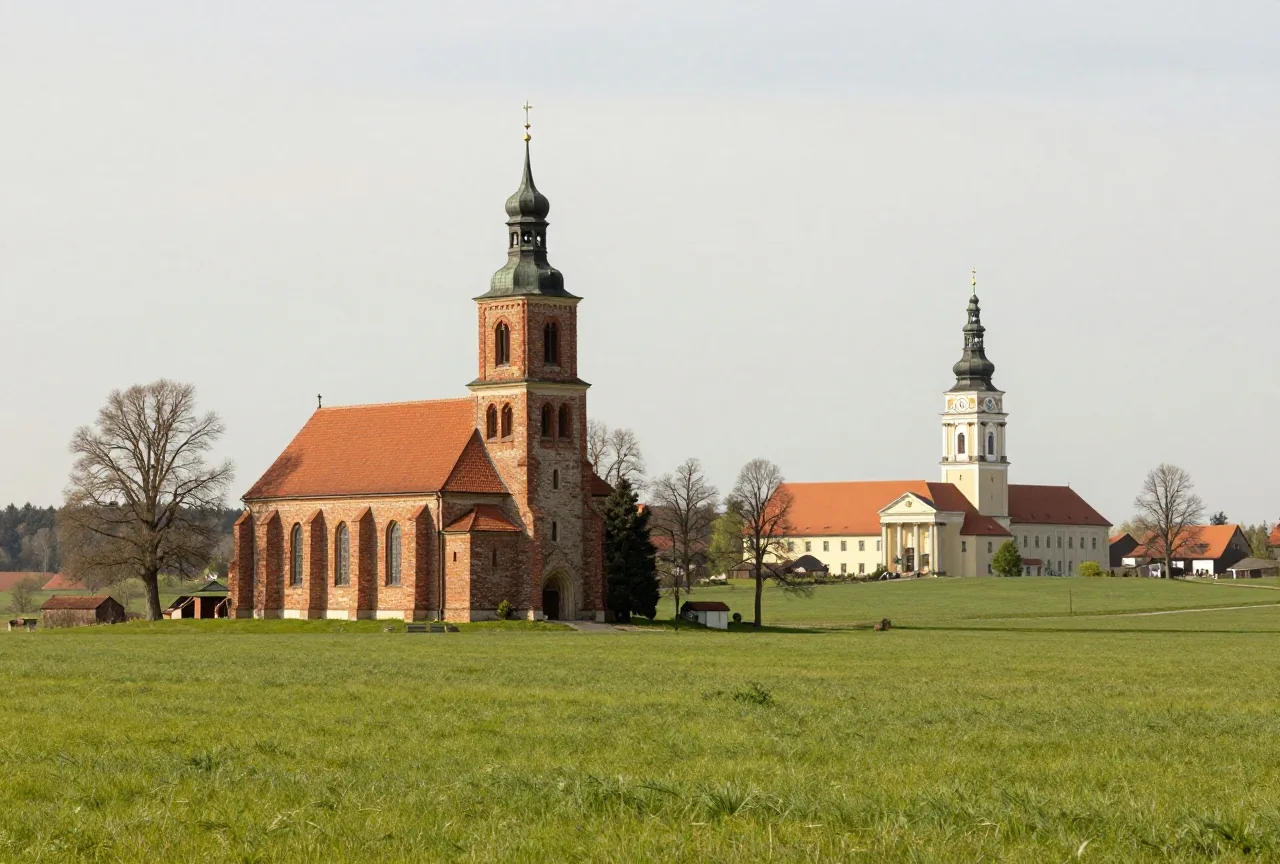 Ein grünes Feld in Schlesien, im Hintergrund eine kleine Backsteinkirche und ein Klosterturm im Frühling