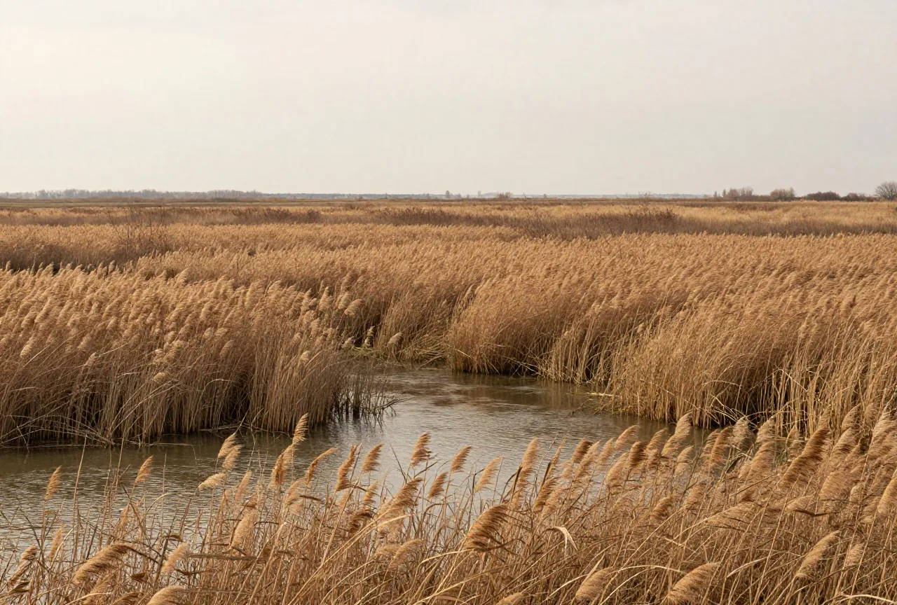 Ein sumpfiges Flussufer in der ungarischen Ebene mit Schilf und flachem Wasser unter bedecktem Himmel