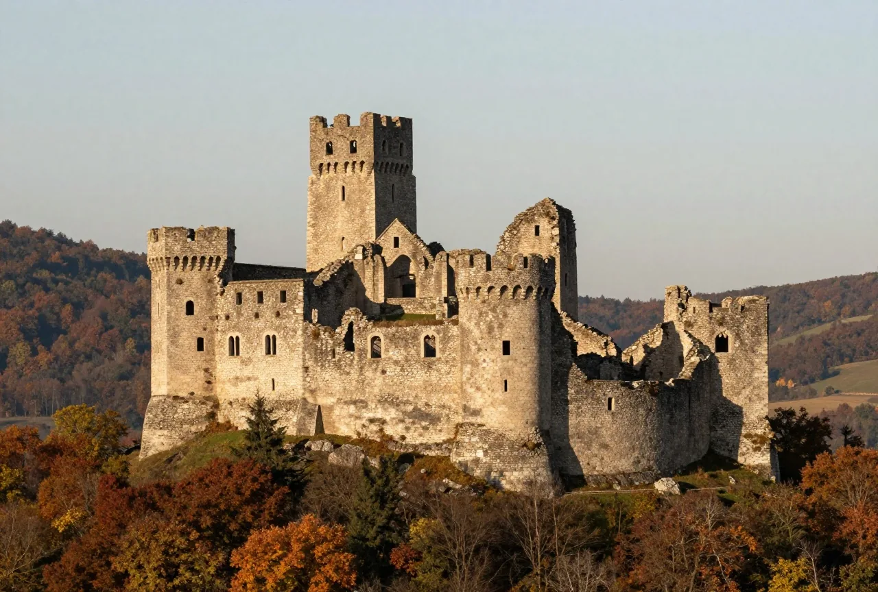 Eine mittelalterliche Burgruine aus Stein auf einem bewaldeten Hügel in Nordungarn im Herbstlicht
