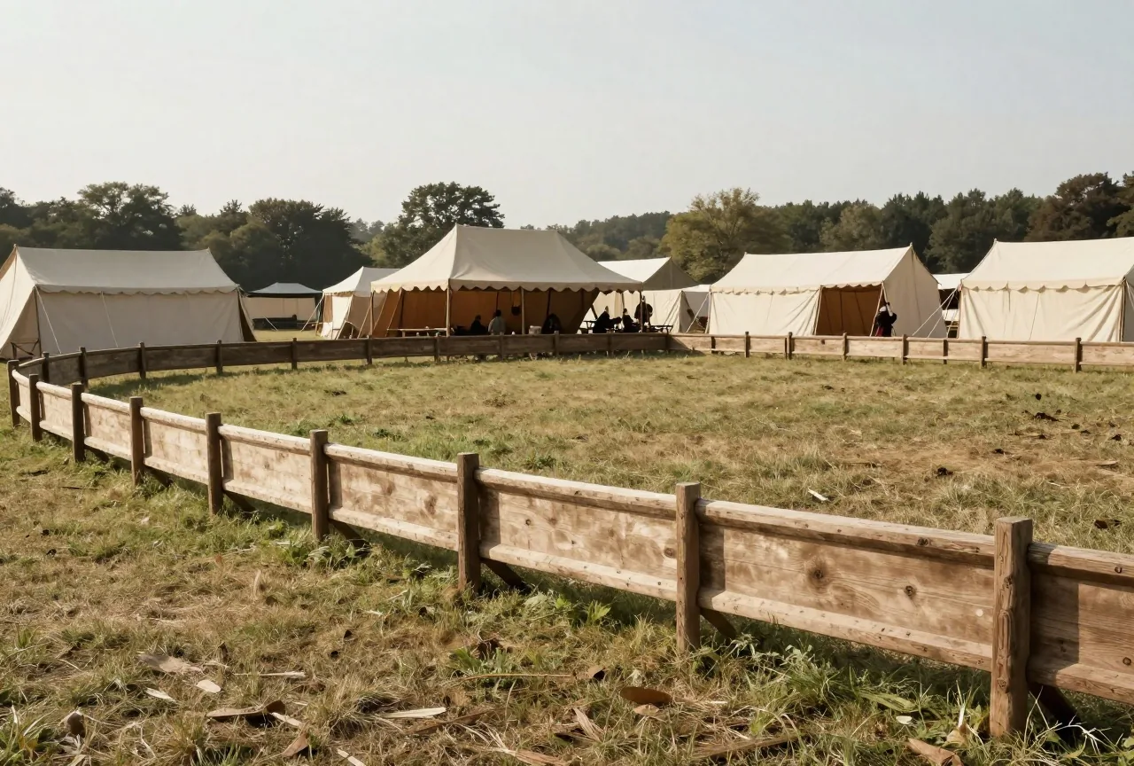 Ein Turnierplatz mit langer Holzschranke auf einer Wiese, dahinter einfarbige Zelte an einem Sommermorgen