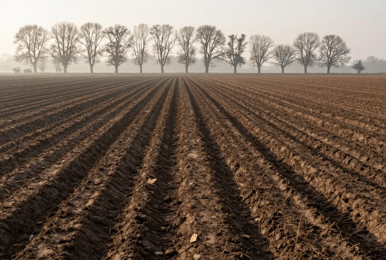 Ein weites schlammiges Ackerfeld in Nordfrankreich im Morgennebel, am Rand eine Reihe kahler Bäume