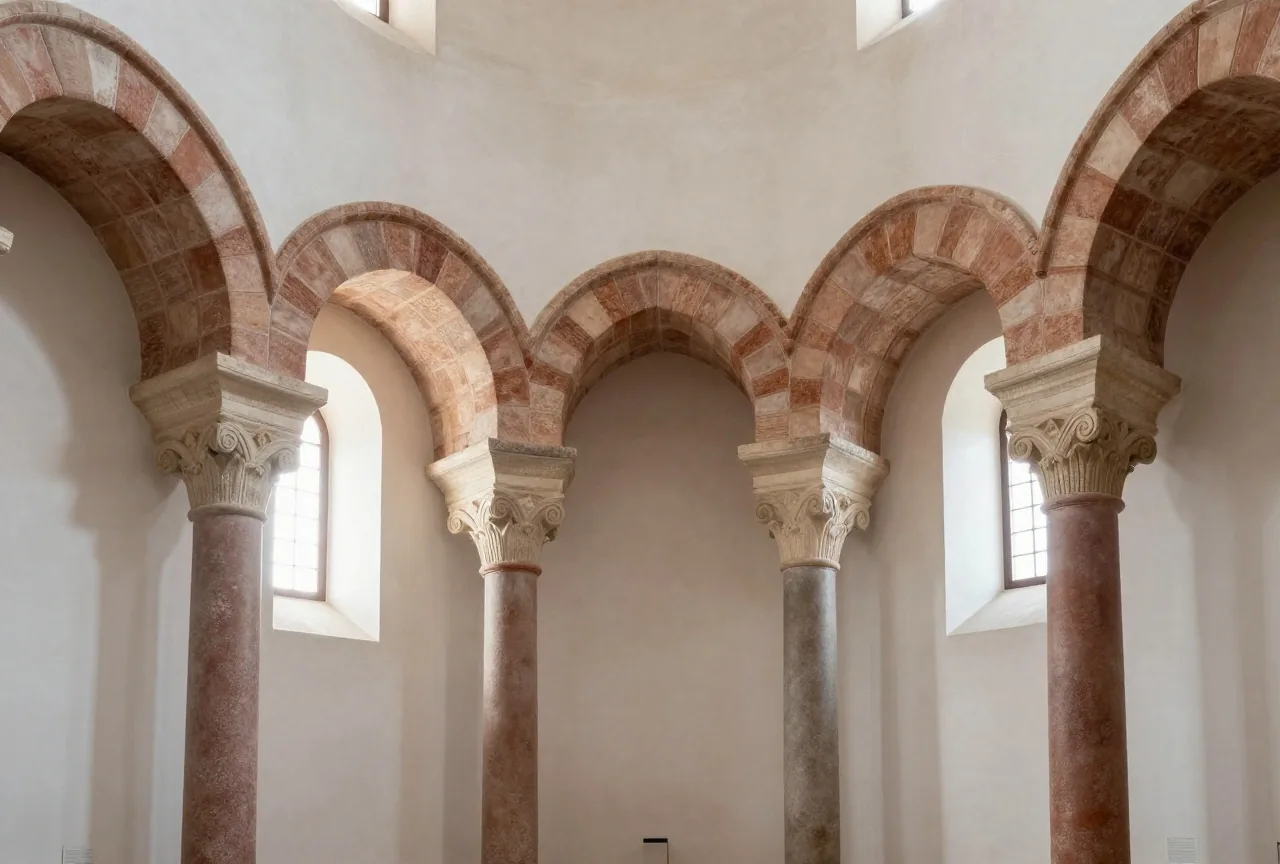 Das Innere eines romanischen Kirchenschiffs mit schweren Rundbögen, Würfelkapitellen und kleinen hohen Fenstern
