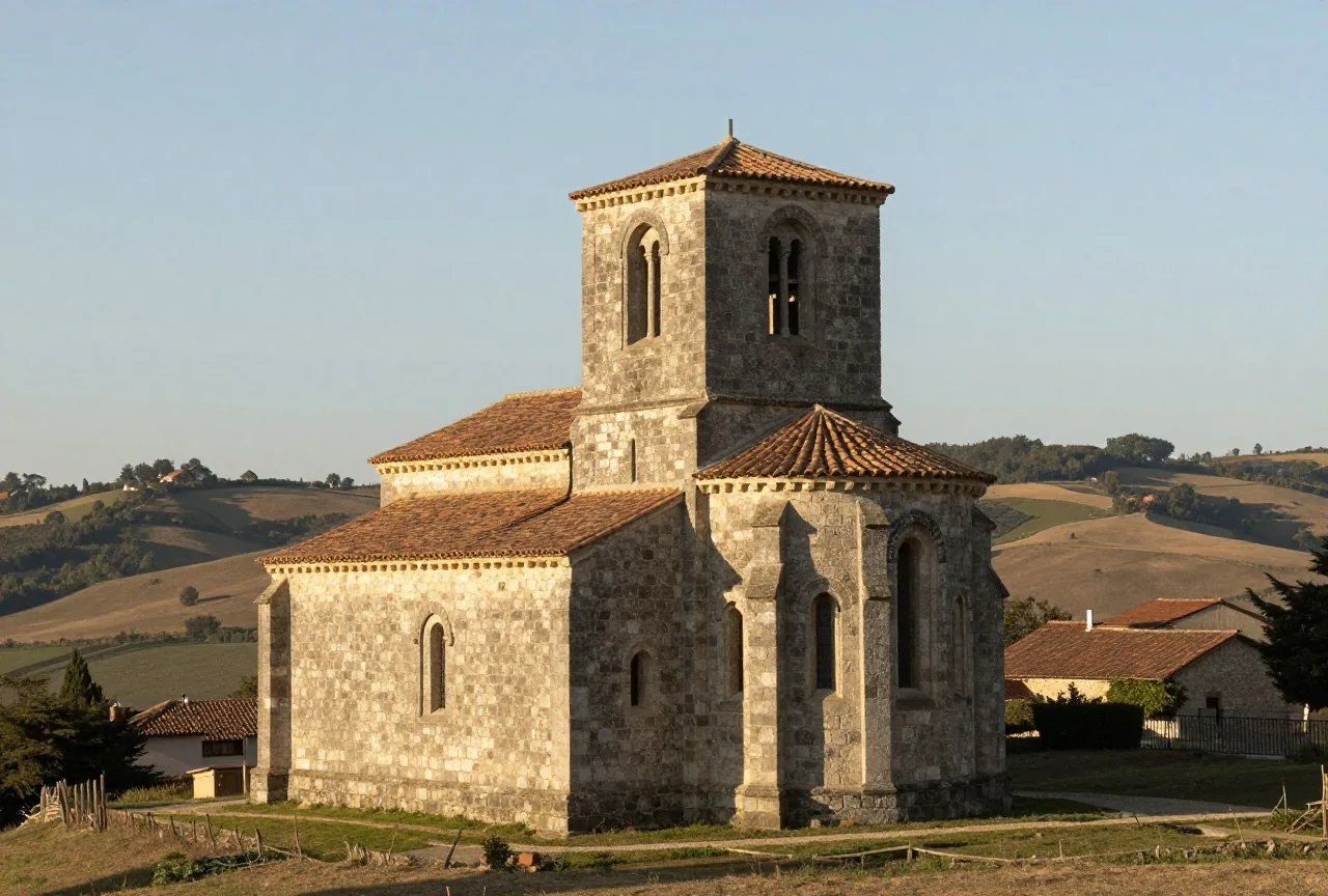 Eine kleine romanische Dorfkirche aus grauem Stein mit quadratischem Turm auf einem Hügel im Abendlicht