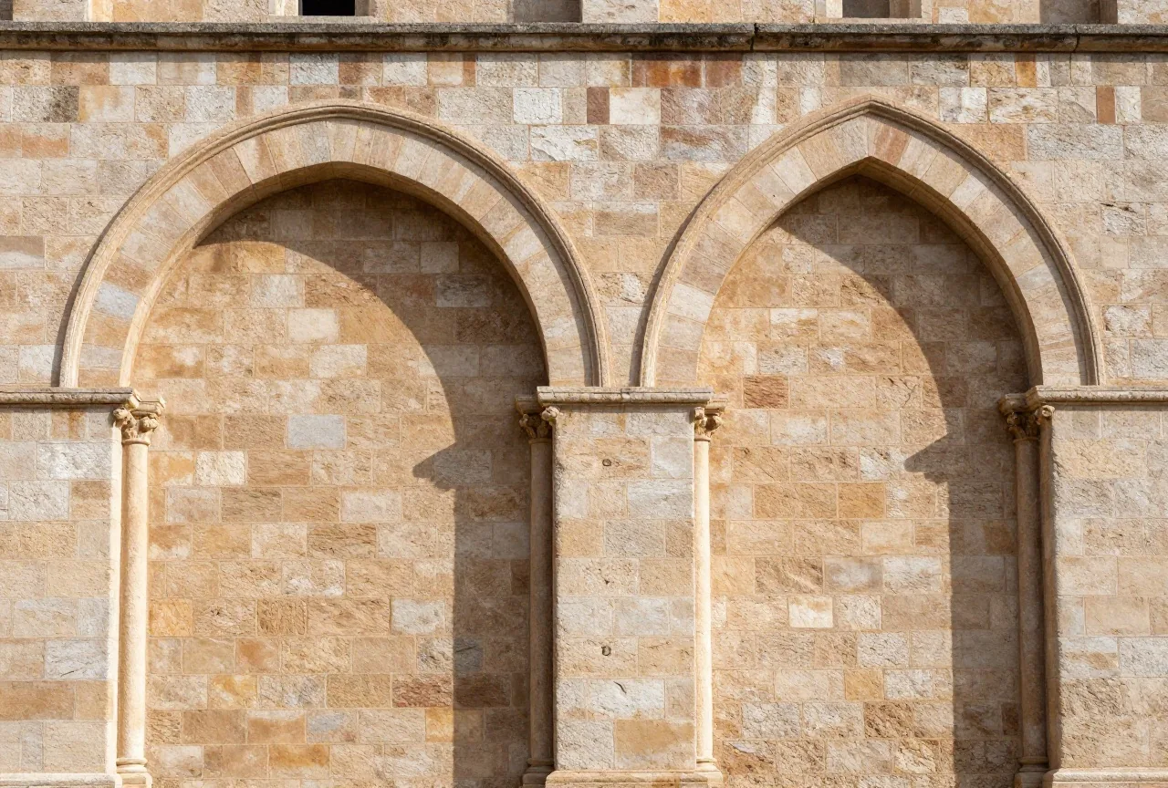 Eine mittelalterliche Kirchenwand, an der ein Rundbogen neben einem Spitzbogen steht, im Sonnenlicht