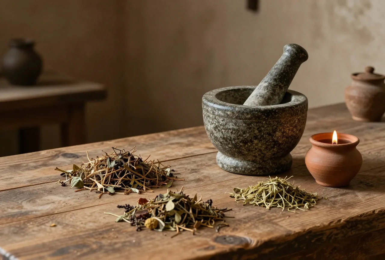Getrocknete Kräuter, ein Mörser und kleine Tontöpfe auf einem Holztisch in einer dunklen Apotheke