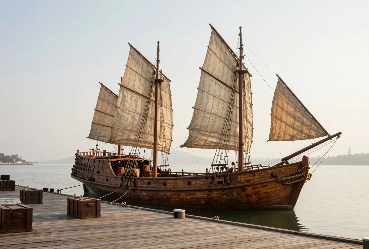 Ein hölzernes Schiff mit großen gerippten Segeln liegt bei Sonnenaufgang in einem ruhigen Hafen