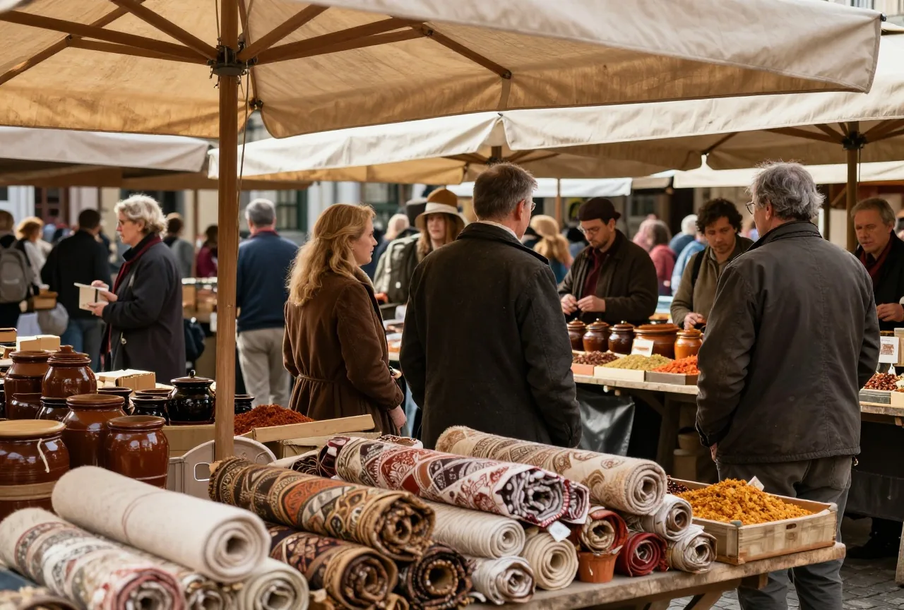 Ein Marktplatz mit Holzständen unter Stoffdächern, Seidenballen, Tonkrügen und Gewürzen im Nachmittagslicht