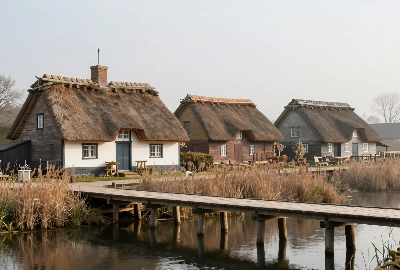 Nachgebaute strohgedeckte Holzhäuser einer frühmittelalterlichen Siedlung am Wasser mit langem hölzernem Steg im Morgennebel