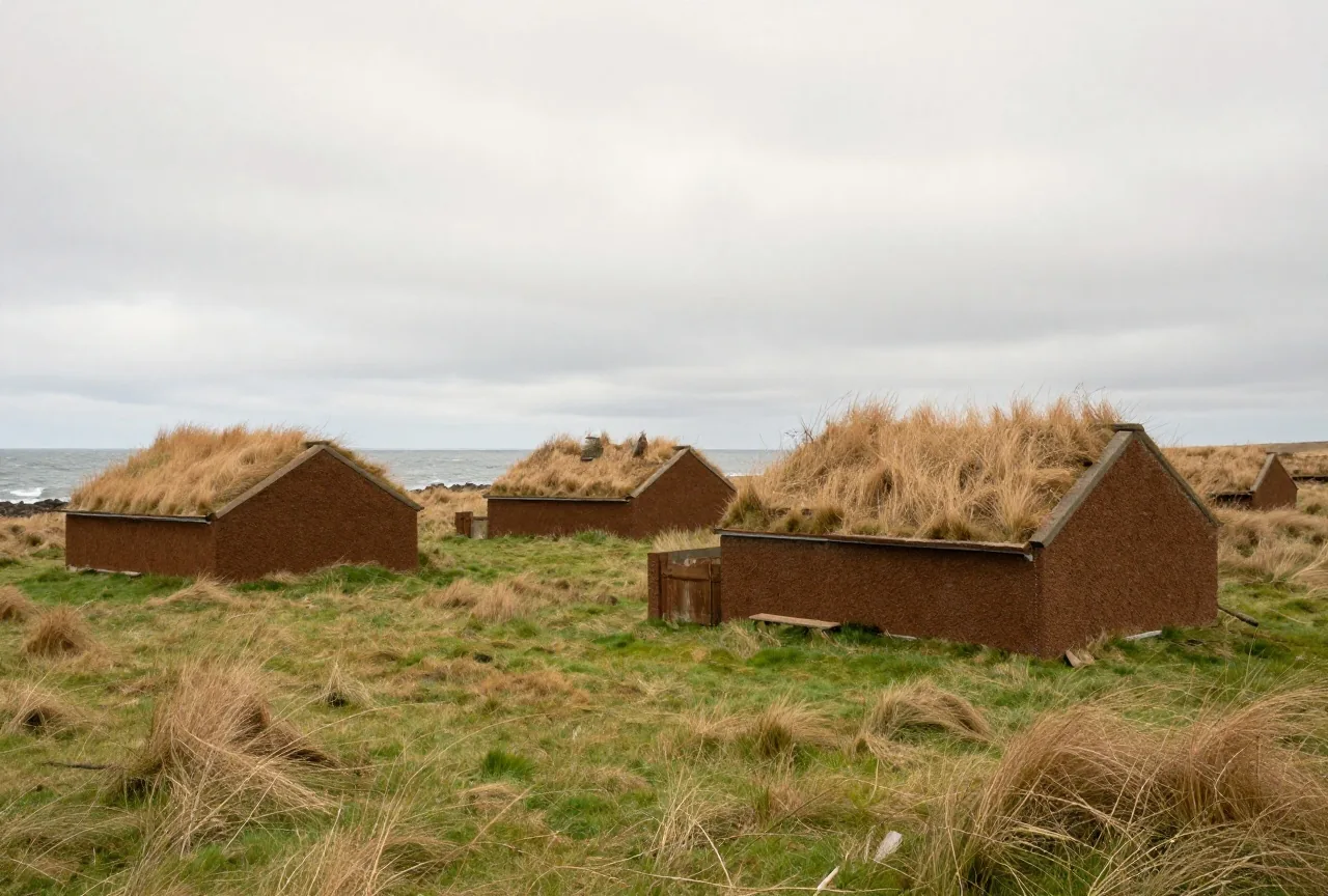 Niedrige Häuser mit Wänden und Dächern aus Grassoden auf einer windigen grünen Küstenwiese am Meer