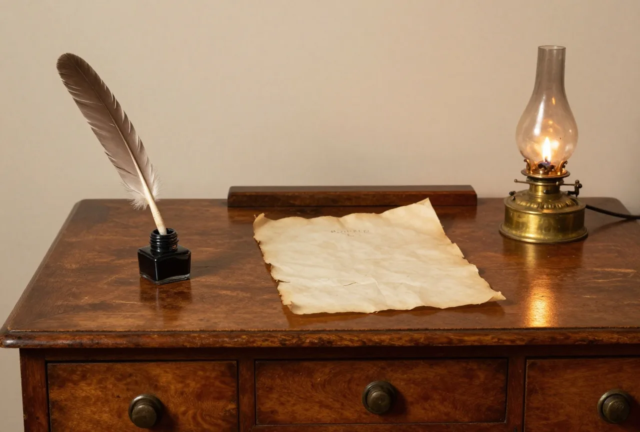 Ein alter Schreibtisch aus Holz mit Gänsefeder, Tintenfass, gesiegeltem Pergament und Messinglampe im warmen Abendlicht