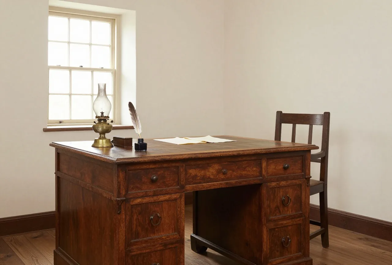 Ein schlichtes Arbeitszimmer aus dem 19. Jahrhundert mit Holztisch, Feder, Tintenfass, Öllampe und leerem Stuhl