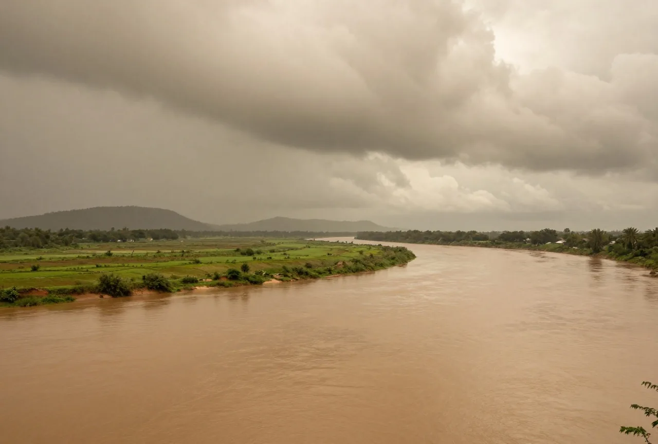 Ein breiter brauner Fluss in einer grünen Ebene unter schweren Monsunwolken, dahinter Hügel im Dunst