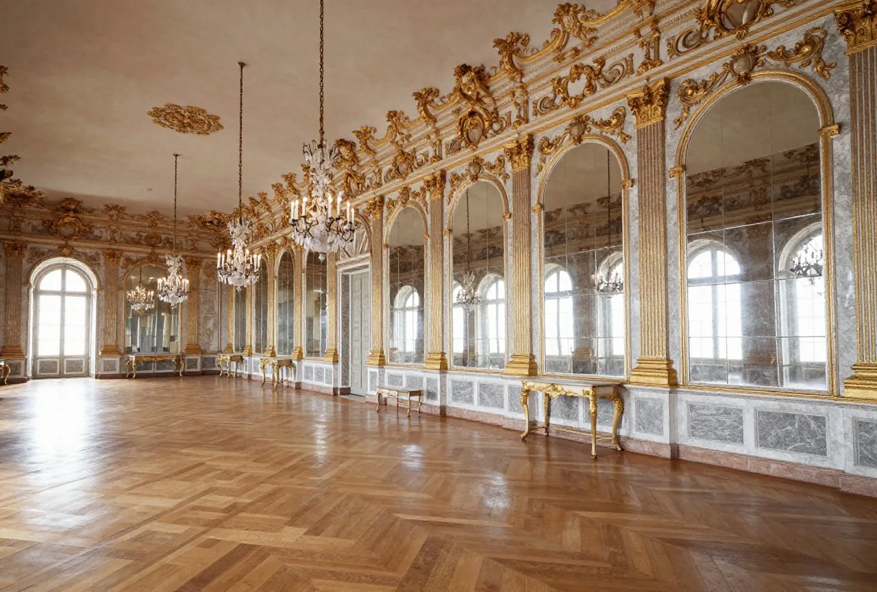 Ein langer barocker Saal mit hohen Spiegeln, vergoldeten Kronleuchtern und leerem Parkett im Winterlicht