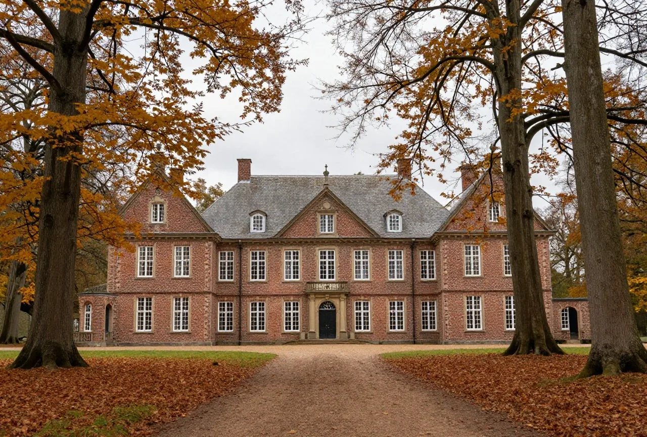 Ein Gutshaus aus Backstein zwischen hohen Buchen in Norddeutschland, Herbstlaub auf dem Weg