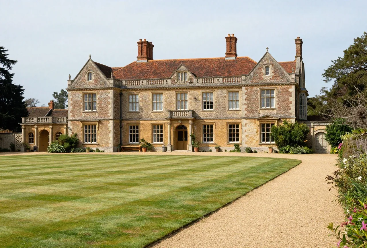 Ein georgianisches Landhaus in Kent mit großem Rasen und einem Sandweg entlang einer Hecke