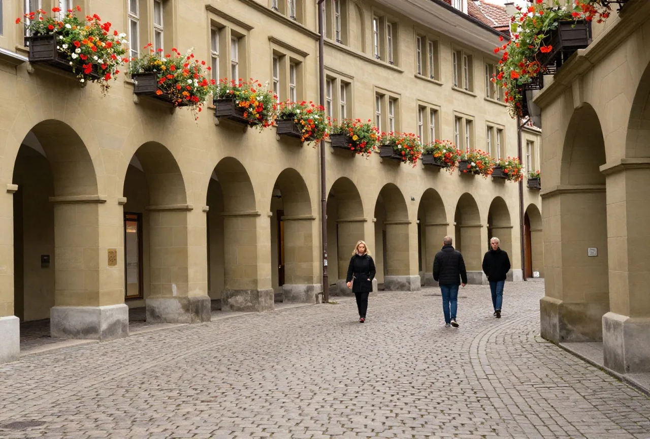 Eine schmale Altstadtgasse mit Sandsteinlauben und Blumenkästen im Morgenlicht, ohne Menschen