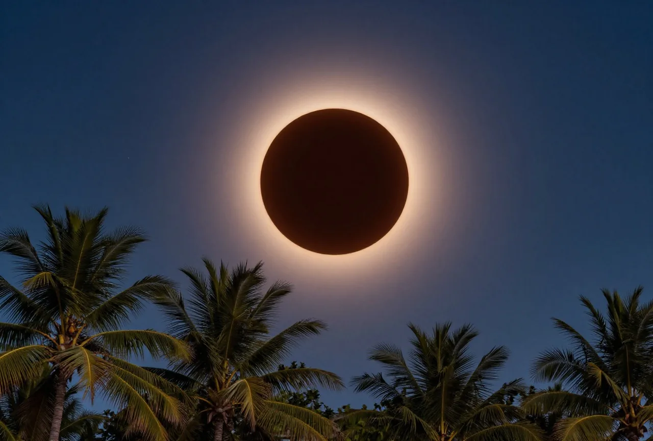 Eine totale Sonnenfinsternis über einer tropischen Küste mit Palmen und schwach leuchtender Sonnenkorona
