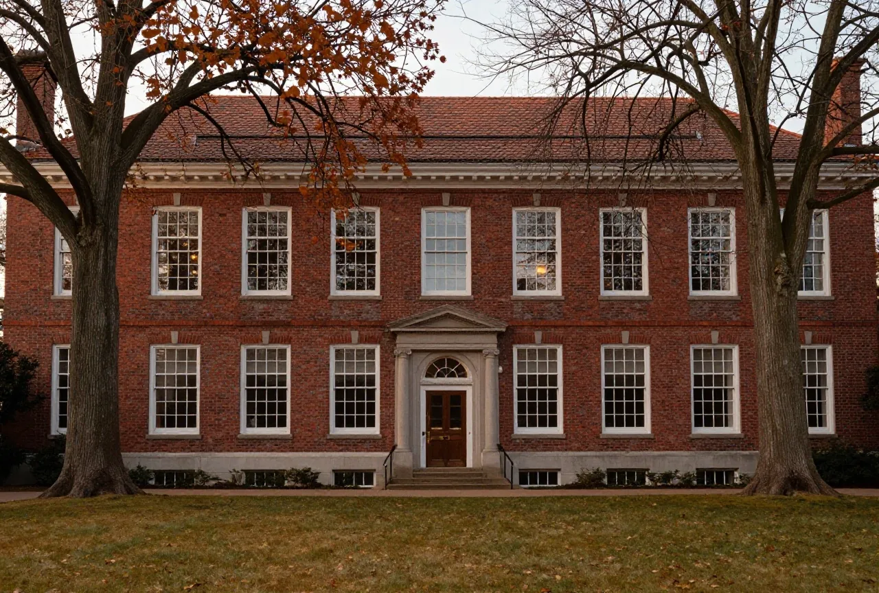 Ein Backsteingebäude einer Hochschule mit hohen Fenstern hinter herbstlichen Bäumen und einer ruhigen Wiese
