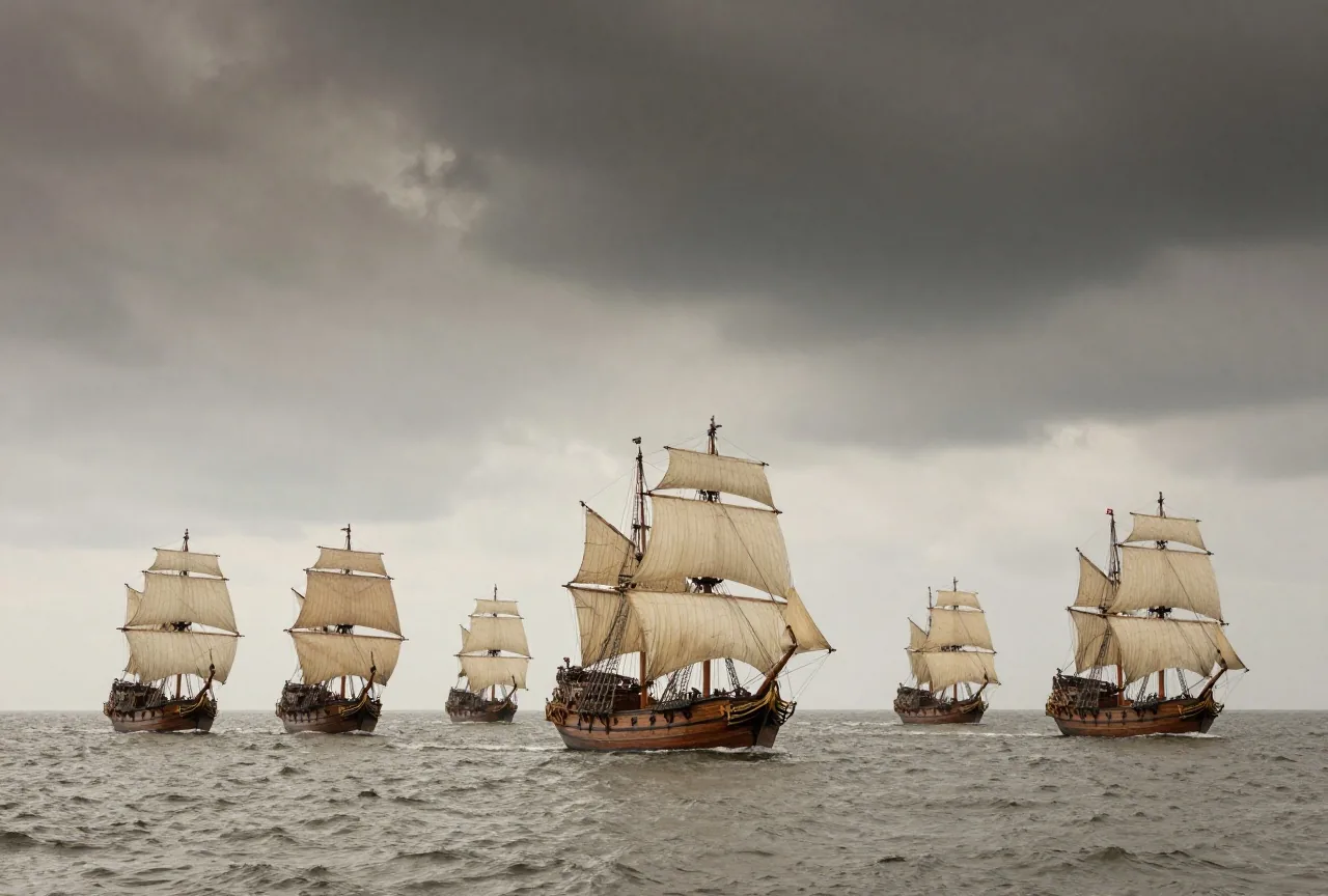 Eine Flotte hölzerner Segelschiffe aus dem 16. Jahrhundert auf rauer See unter dunklen Sturmwolken