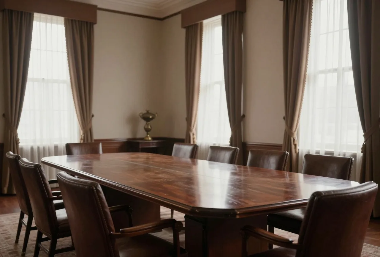 Ein leerer eleganter Konferenzsaal mit langem polierten Tisch, Ledersesseln und hohen Fenstern im Winterlicht