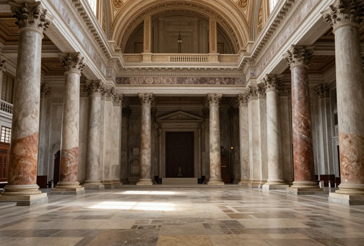 Das Innere einer großen alten Basilika mit Marmorsäulen, Kassettendecke und Lichtstrahlen auf leerem Steinboden