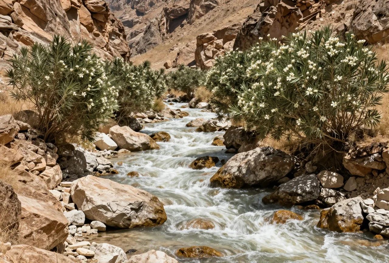 Ein schnell fließender Fluss in einer felsigen Bergschlucht im Süden Anatoliens mit Oleanderbüschen am Ufer