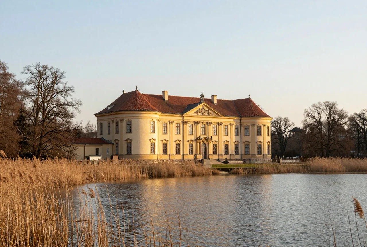 Ein kleines Barockschloss mit Rundturm am Ufer eines ruhigen Sees mit Schilf und alten Bäumen