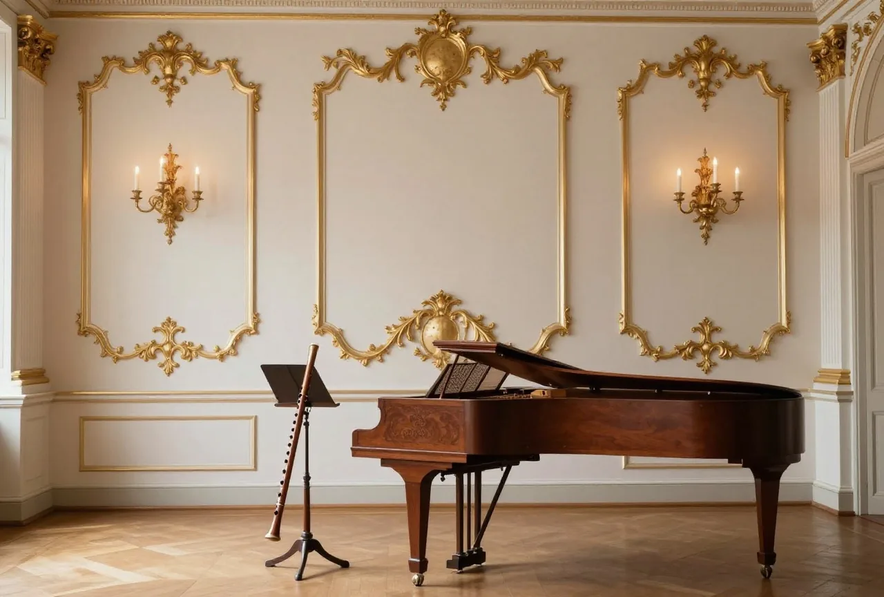 Ein Musikzimmer im Rokokostil mit vergoldeten Wandornamenten, einer Querflöte auf einem Notenpult und einem Cembalo
