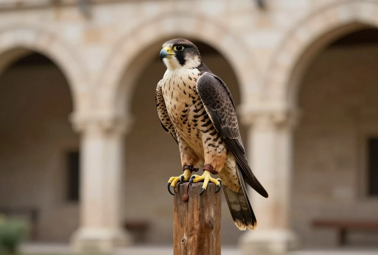 Ein Falke mit Lederhaube sitzt auf einem Holzpfosten in einem mittelalterlichen Innenhof aus Stein