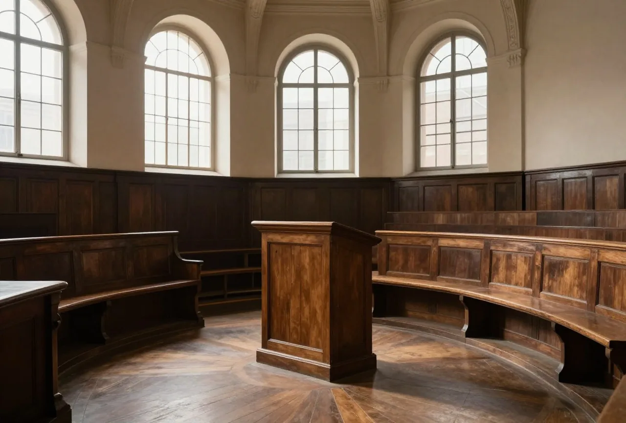 Ein leerer Hörsaal der Renaissance mit dunklen Holzbänken, hohen Bogenfenstern und einem schlichten Holzpult