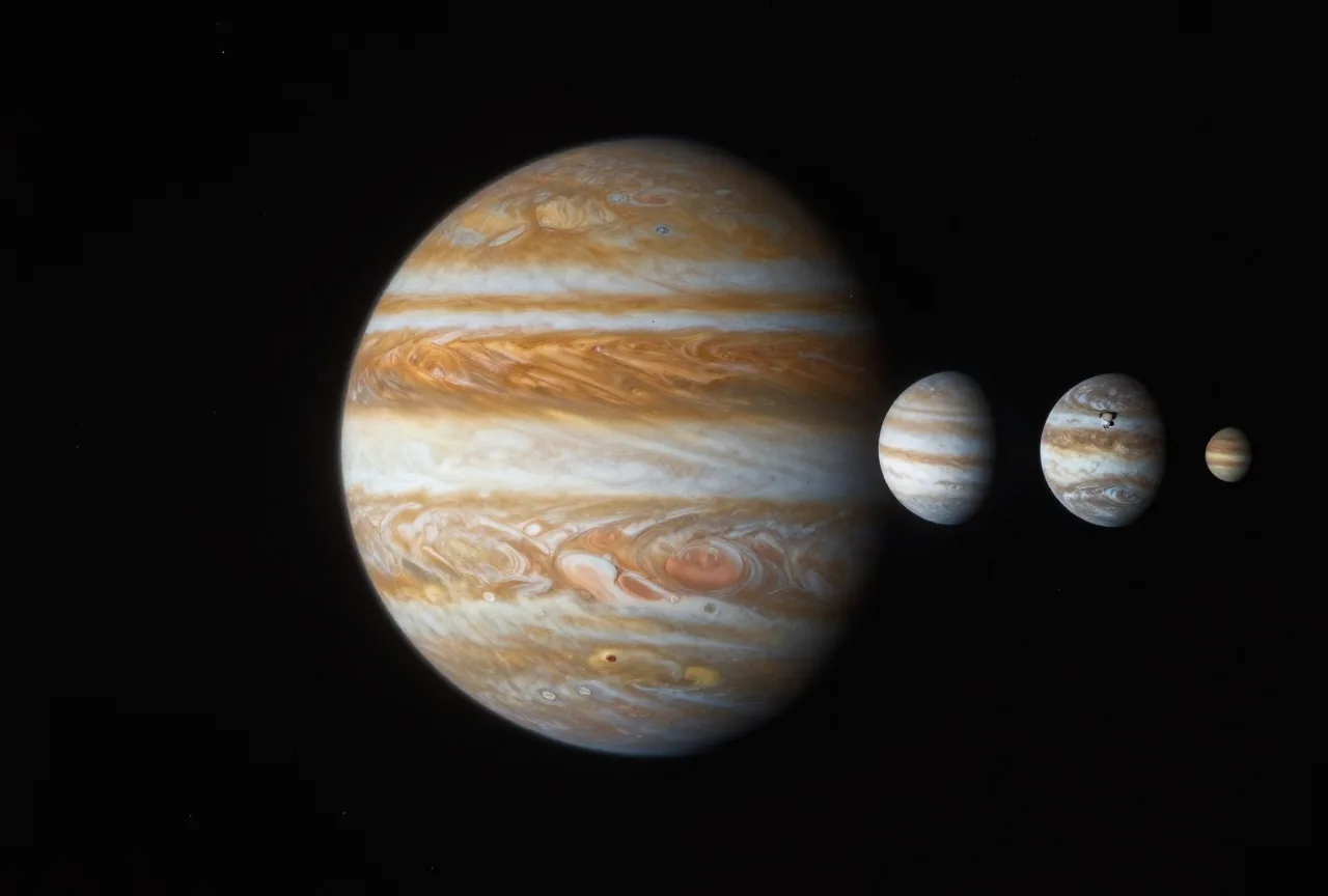 Der Planet Jupiter mit vier kleinen hellen Monden in einer Reihe vor dem dunklen Sternenhimmel