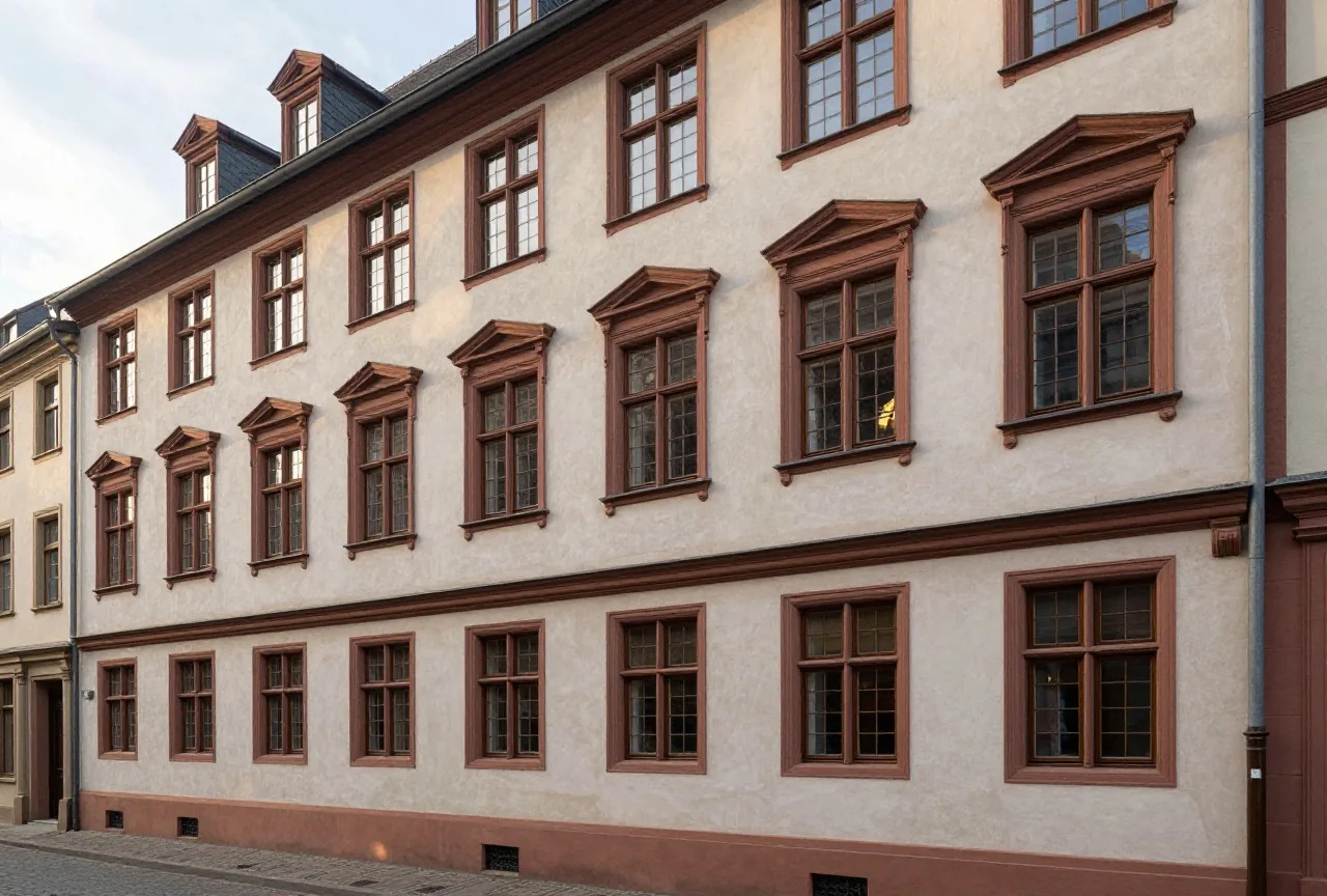 Ein hohes barockes Bürgerhaus mit heller Fassade und vielen Sprossenfenstern in einer stillen Altstadtstraße