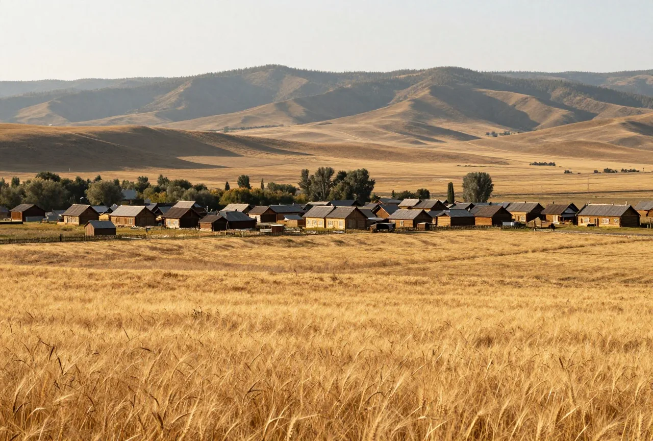Weite Weizenfelder und ein kleines Dorf mit Holzhäusern in der Steppe vor fernen Bergen im Spätsommer
