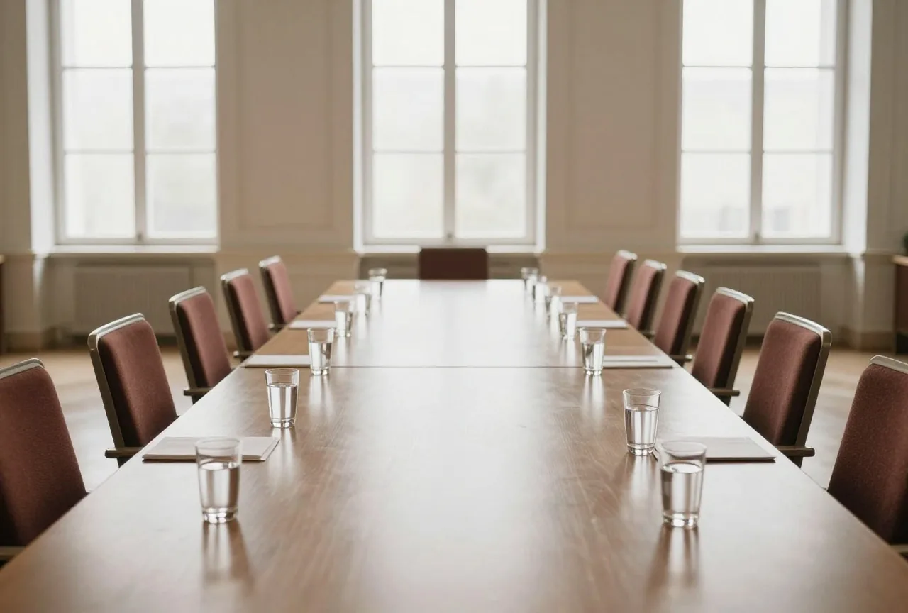 Ein langer leerer Konferenztisch mit Stühlen und Wassergläsern in einem hellen Saal mit hohen Fenstern