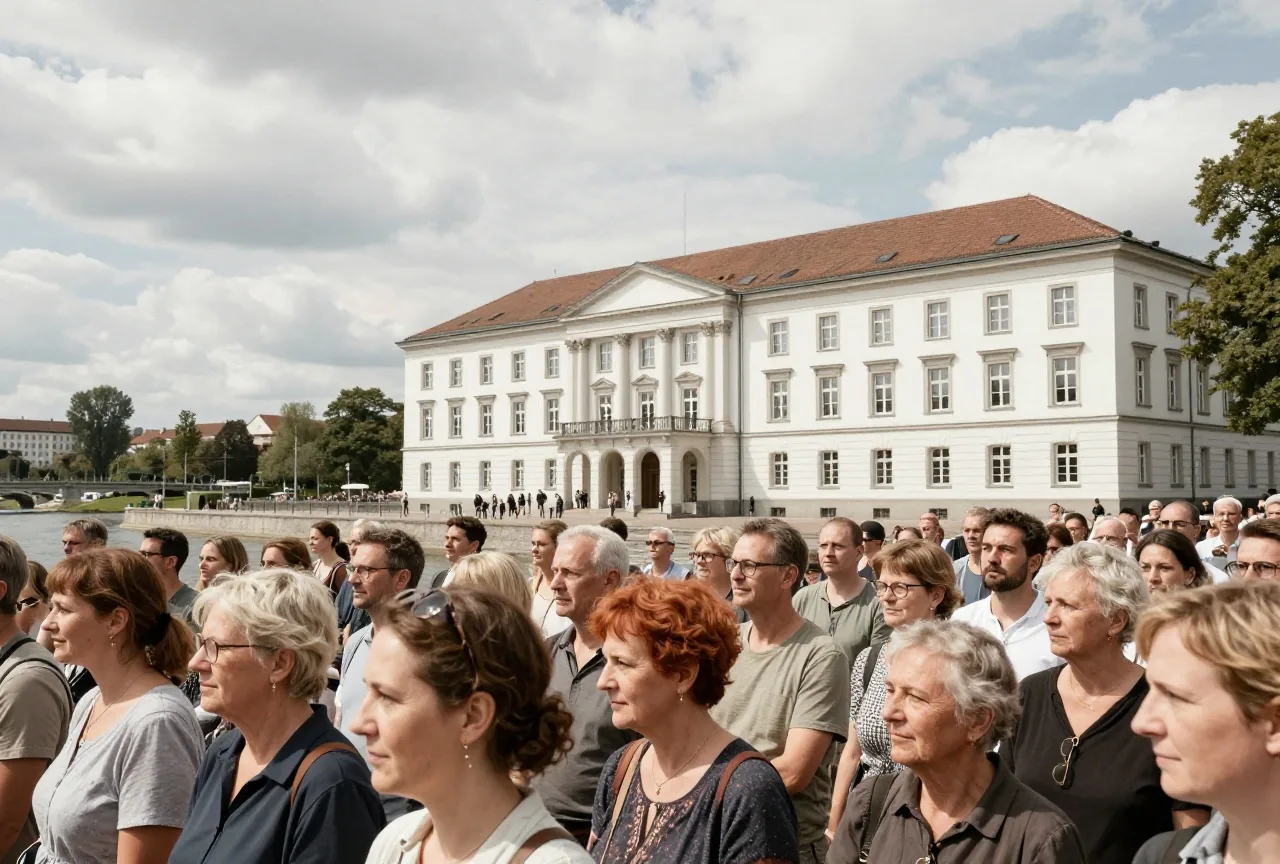 Eine große Menschenmenge steht friedlich vor einem großen weißen Regierungsgebäude an einem bewölkten Sommertag