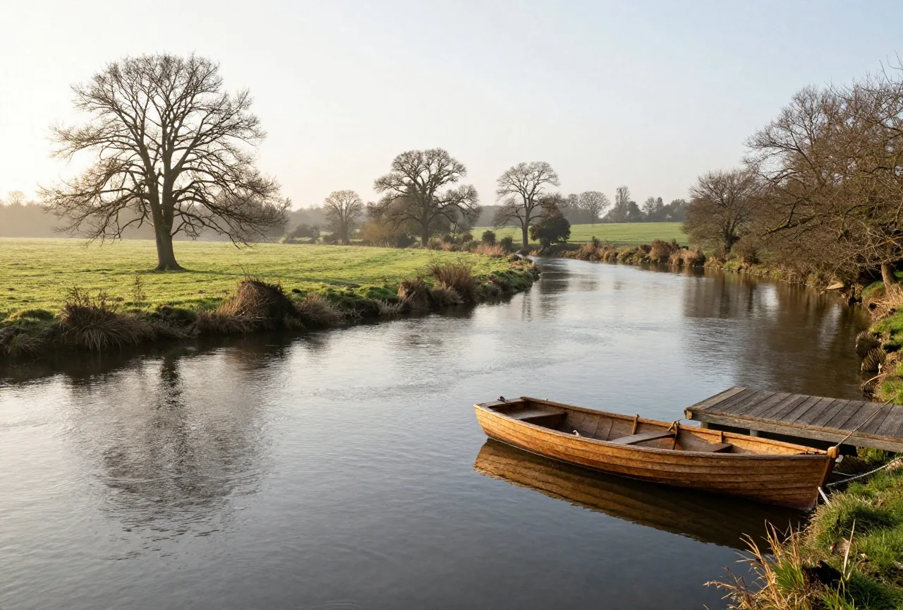 Eine ruhige Flussbiegung in England bei Sonnenaufgang mit Wiesen, alten Bäumen und einem Ruderboot am Steg
