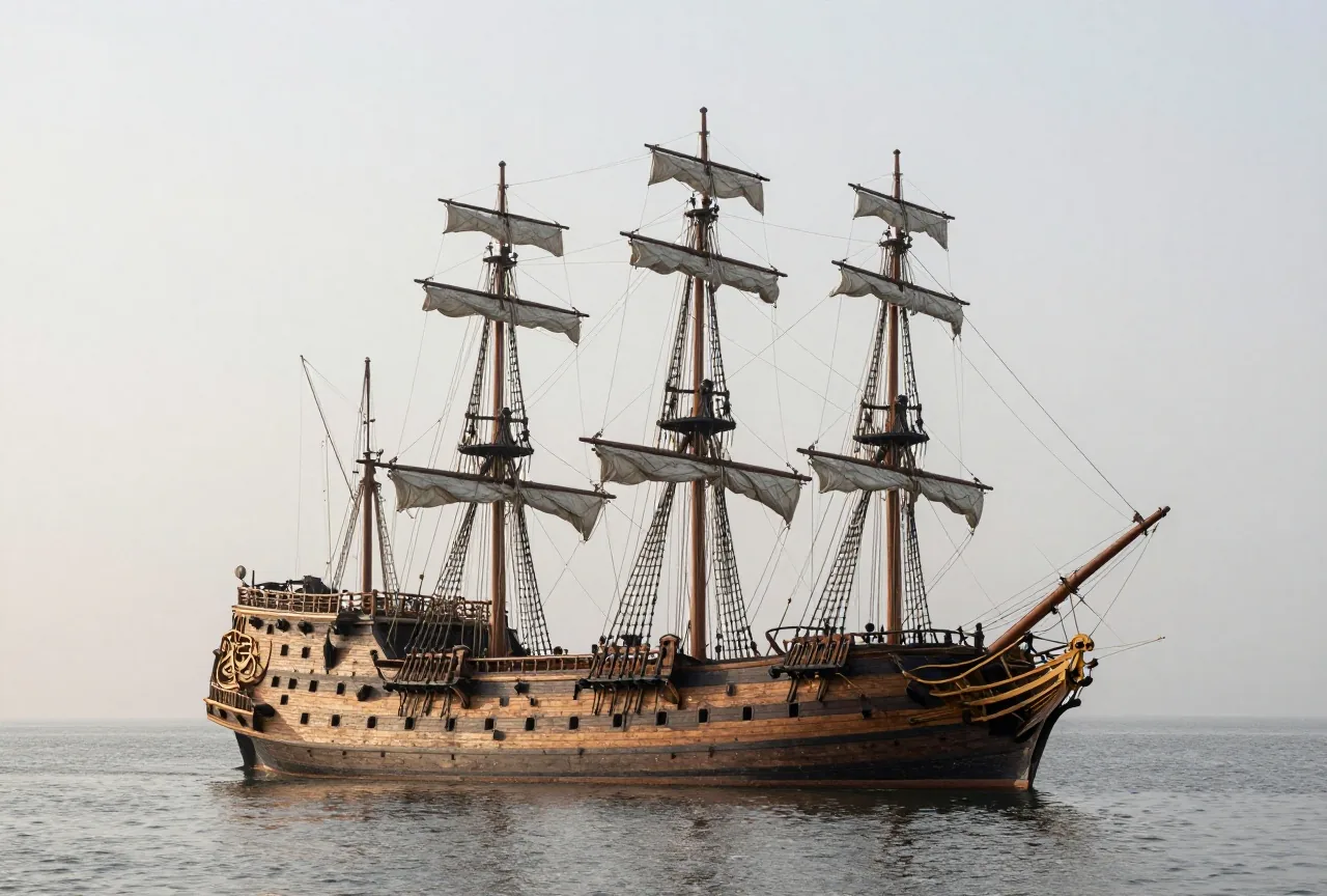 Ein großes hölzernes Segelkriegsschiff des 16. Jahrhunderts mit hohen Aufbauten vor Anker in einem ruhigen Hafen